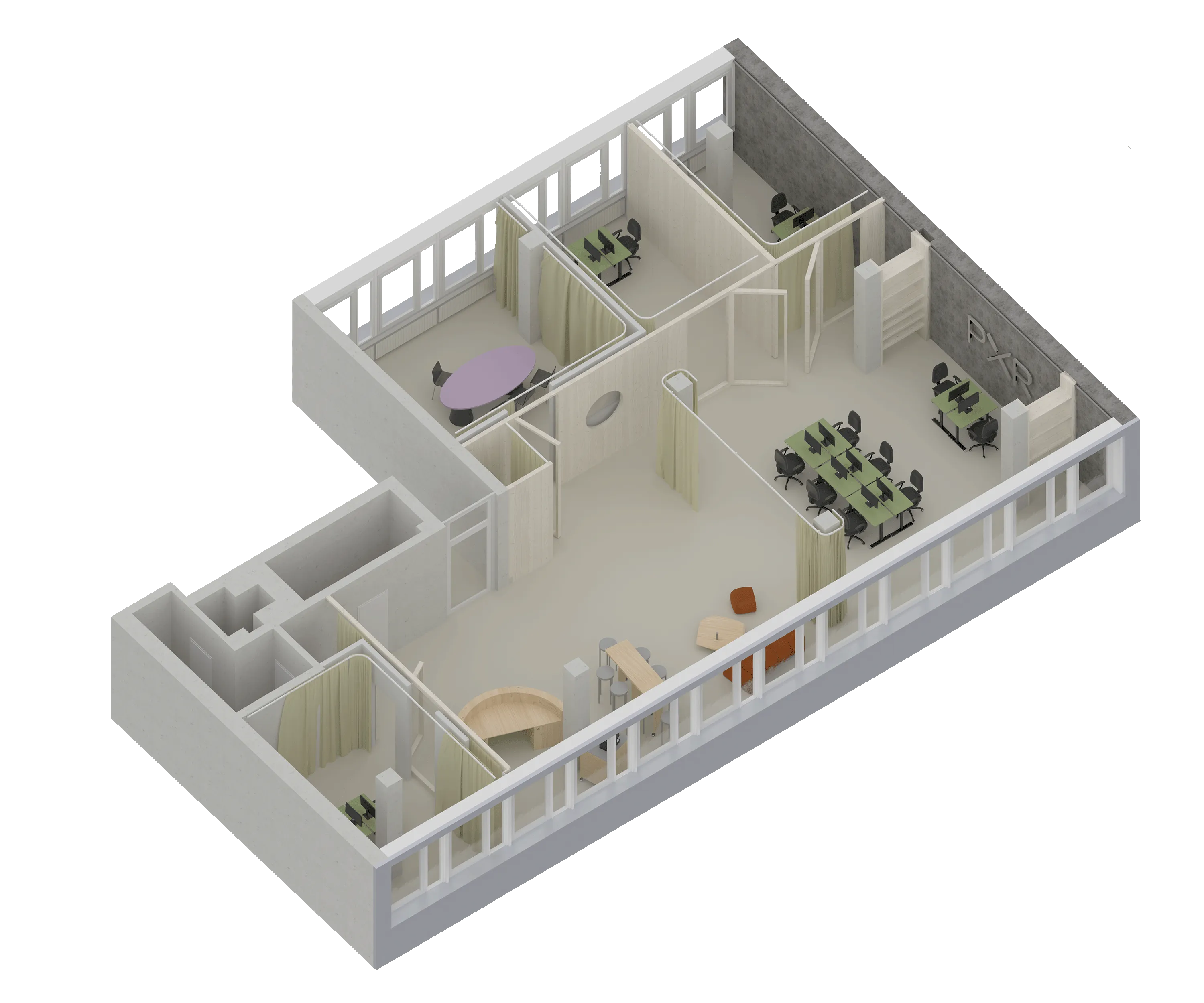 Axonometrie vom Bestand mit additivem Innenraumkonzept 