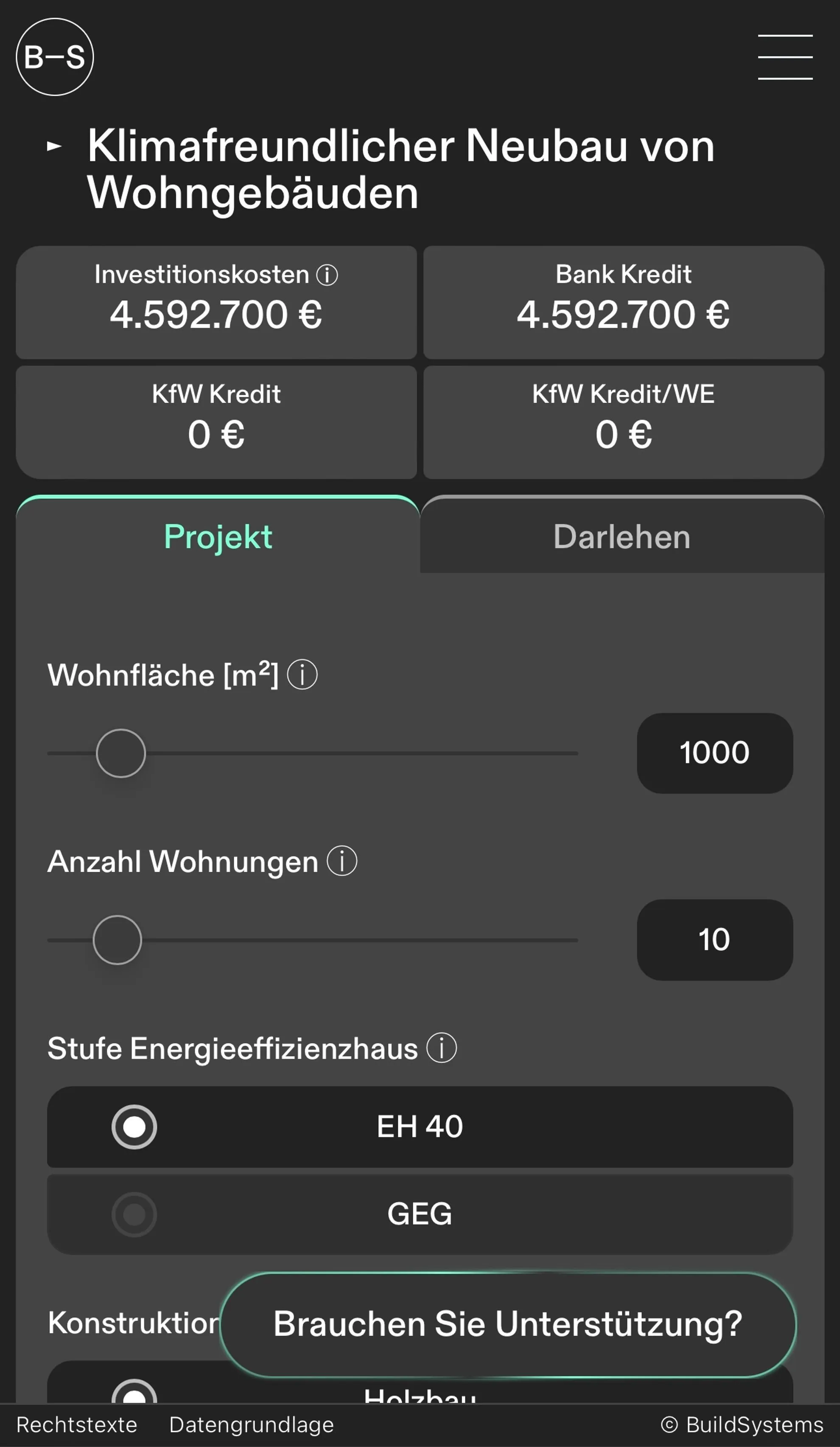 Screenshot of the mobile version of the funding calculator showing the Neubau at the Projekt tab.