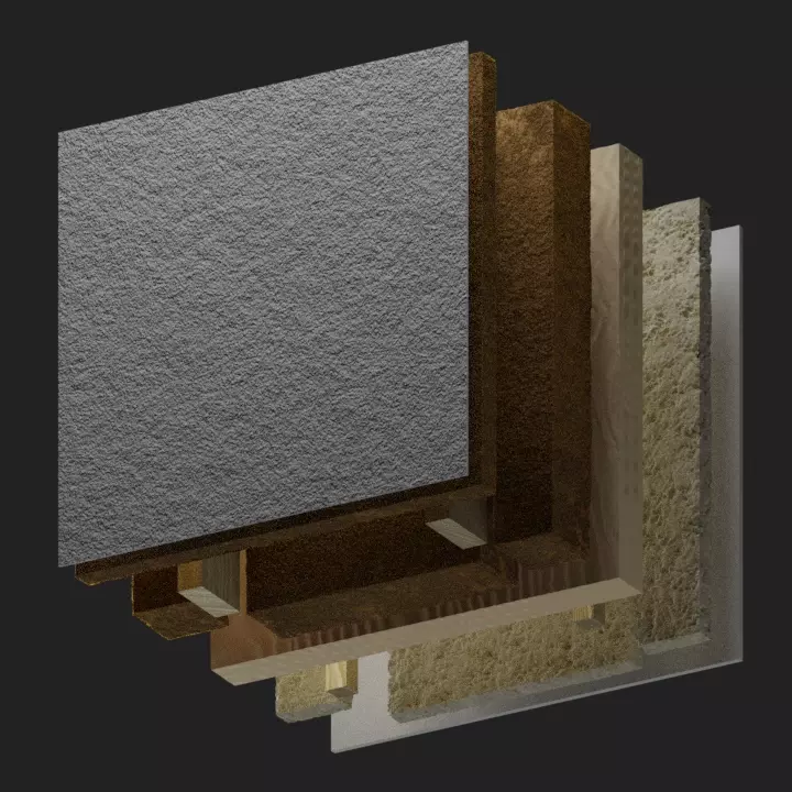 Animation of a wall section, with the materials separating from each-other.
